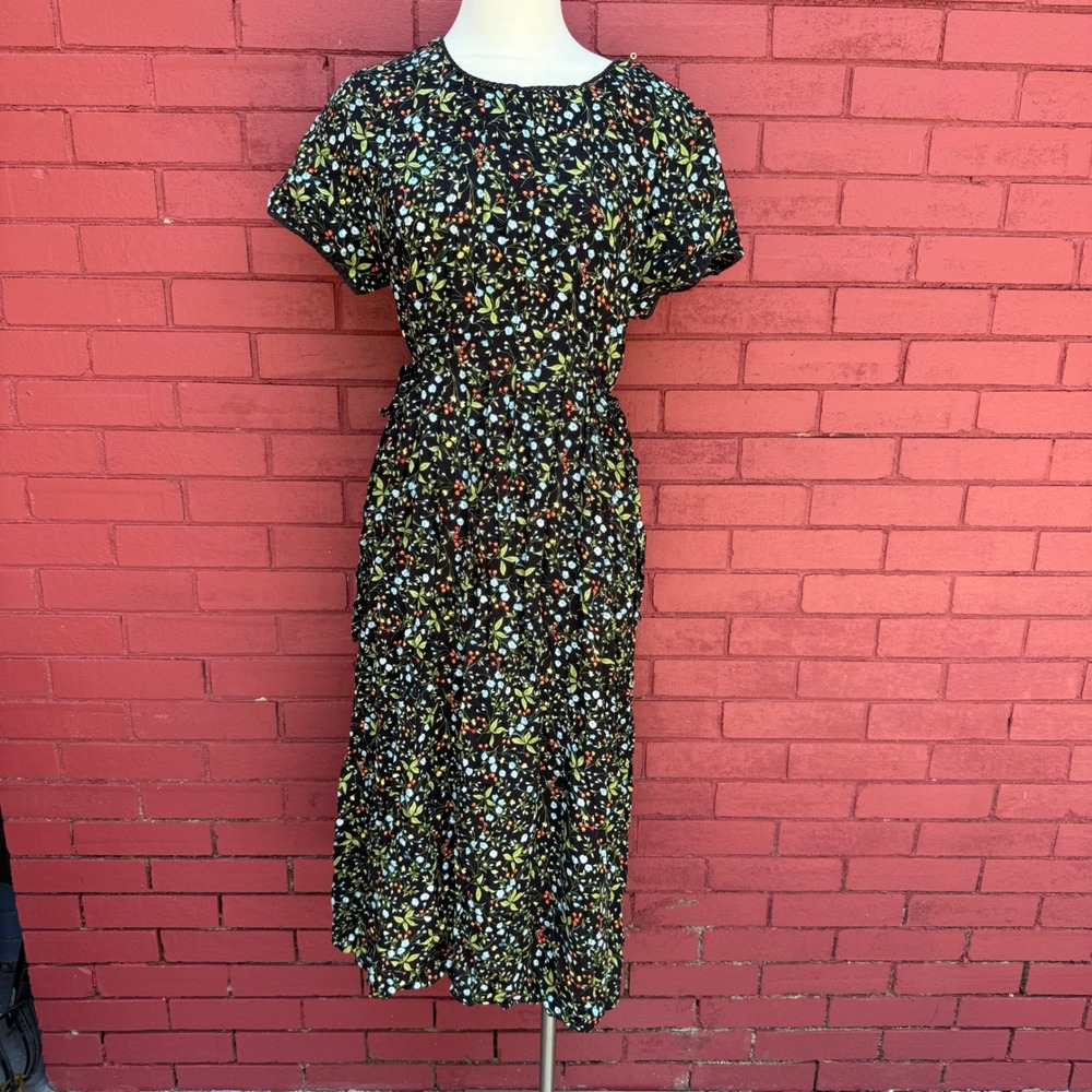 Vintage 90s Liz Baker Floral Midi Dress‎ Black Rayon Short Sleeve Size 14